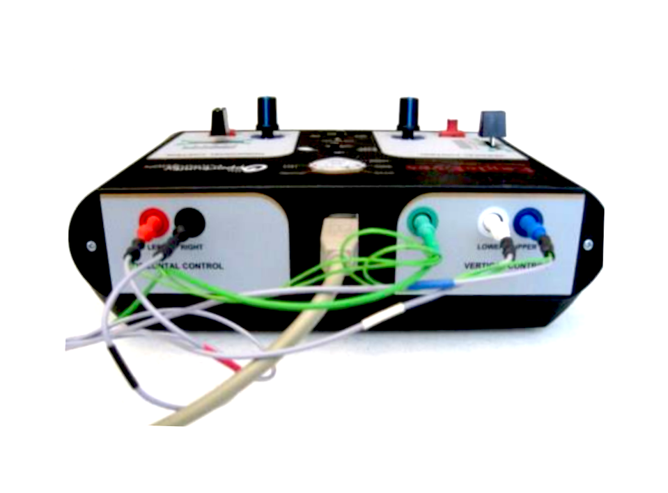 EagleEyes rear panel interface showing color-coded analog electrode input plugs and centralized high-frequency USB data routing ports.