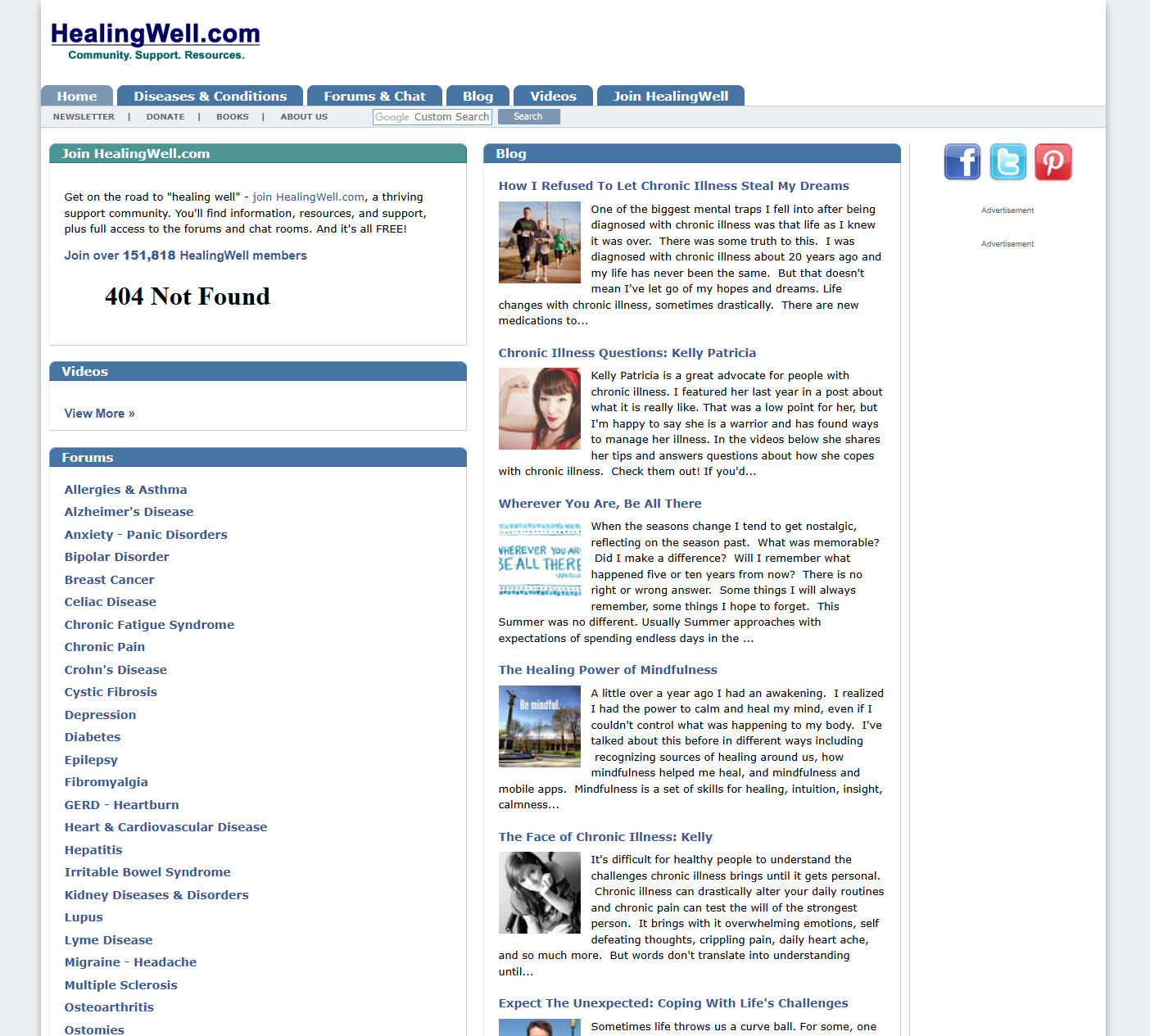 Legacy HealingWell homepage showing heavy ad clutter, unstyled header text, and fragmented multi-column link lists.