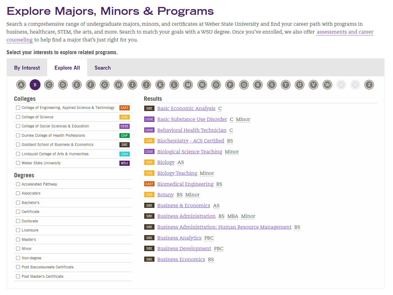 WSU Majors Application interface displaying advanced filtering controls.