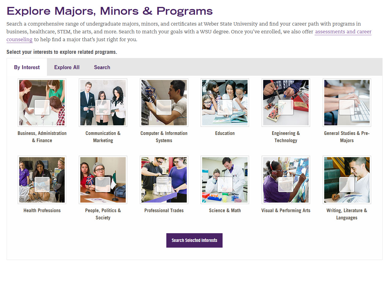 Interest-based visual card navigation showing categories like Business, Engineering, and Health Professions at Weber State.