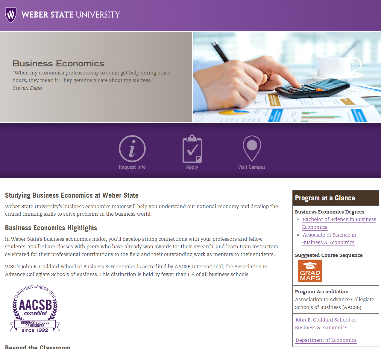 Final conversion template page showing the target Business Economics program page with distinct Apply action buttons.