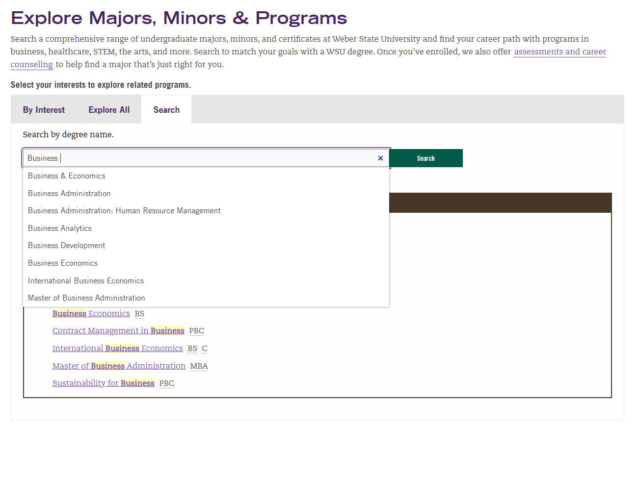 Predictive auto-suggest search field layout dropping down programmatic options as the user enters keyword characters.